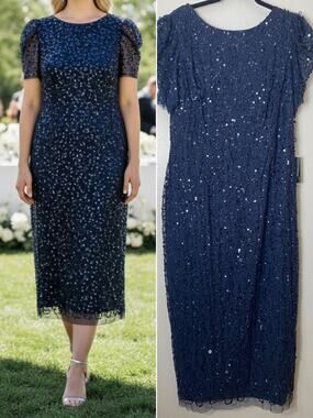 Adrianna Papell Navy Sequin Beaded Dress Wedding Guest Mother of the Bride